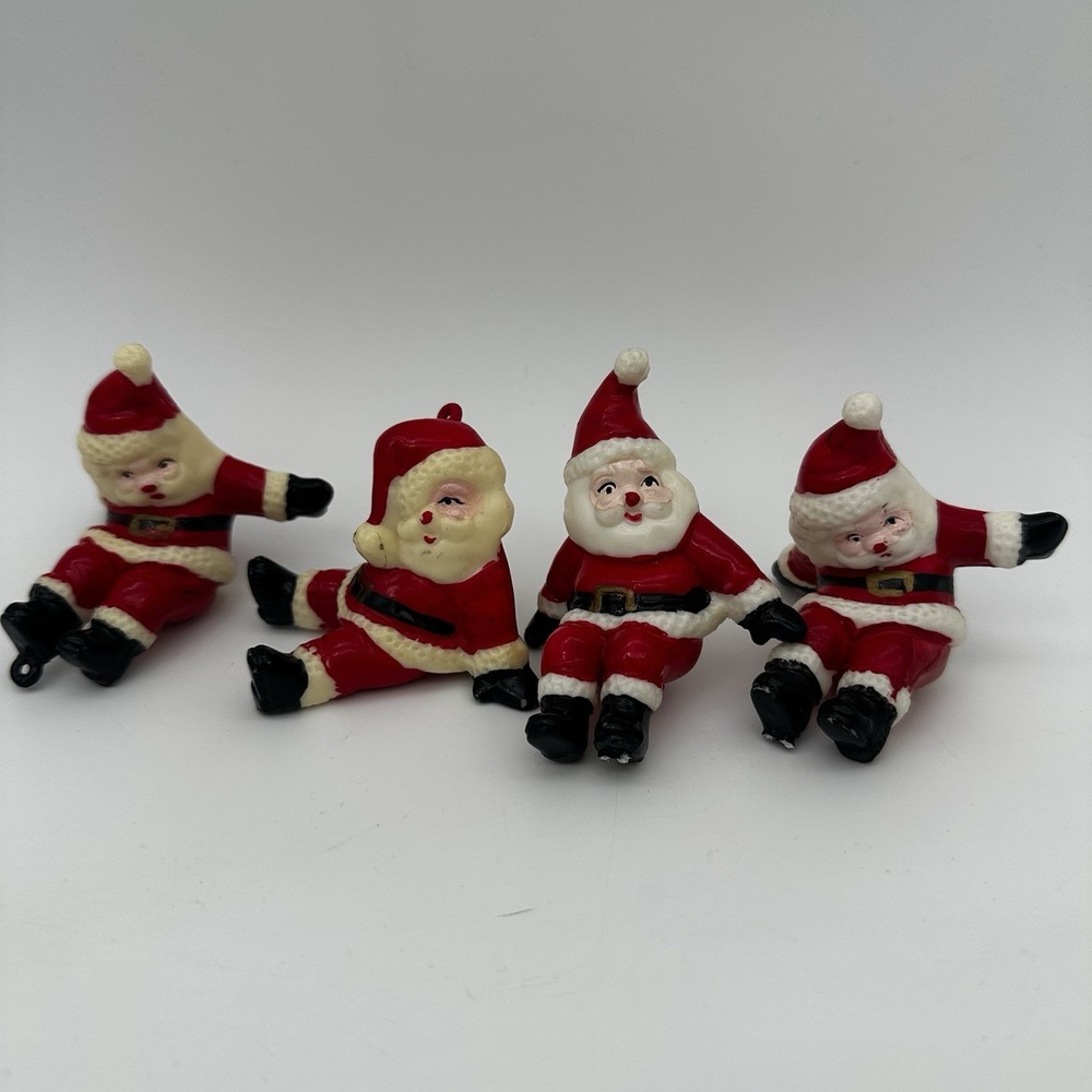 4 - Tumbling Santa Ornaments Hard Plastic VTG Hong Kong Antique Christmas 3"Tall